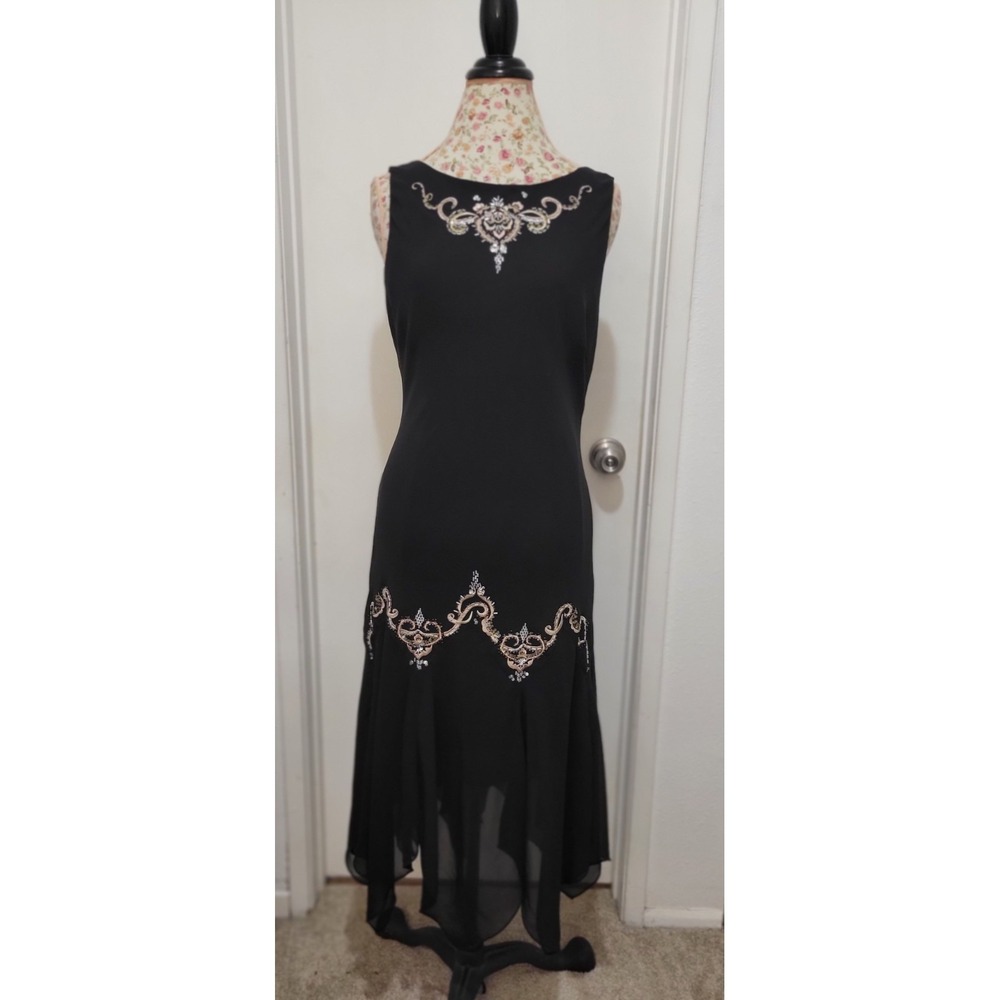 S.L. Fashions Women Whimsigoth Embroidered Jewel Drop Waist Midi Dress Black 16